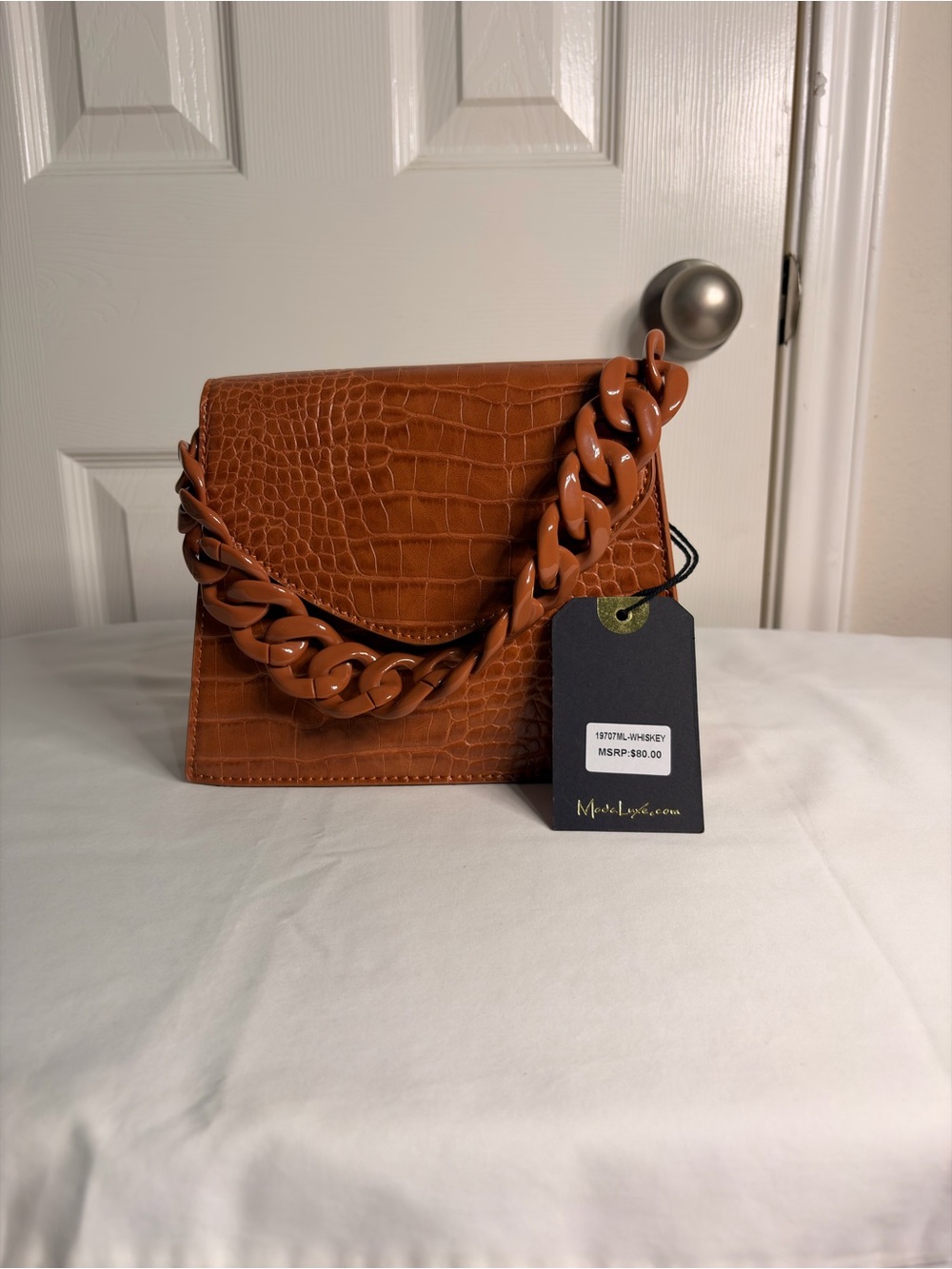 Cognac Croc-Embossed Chain Handle Bag
